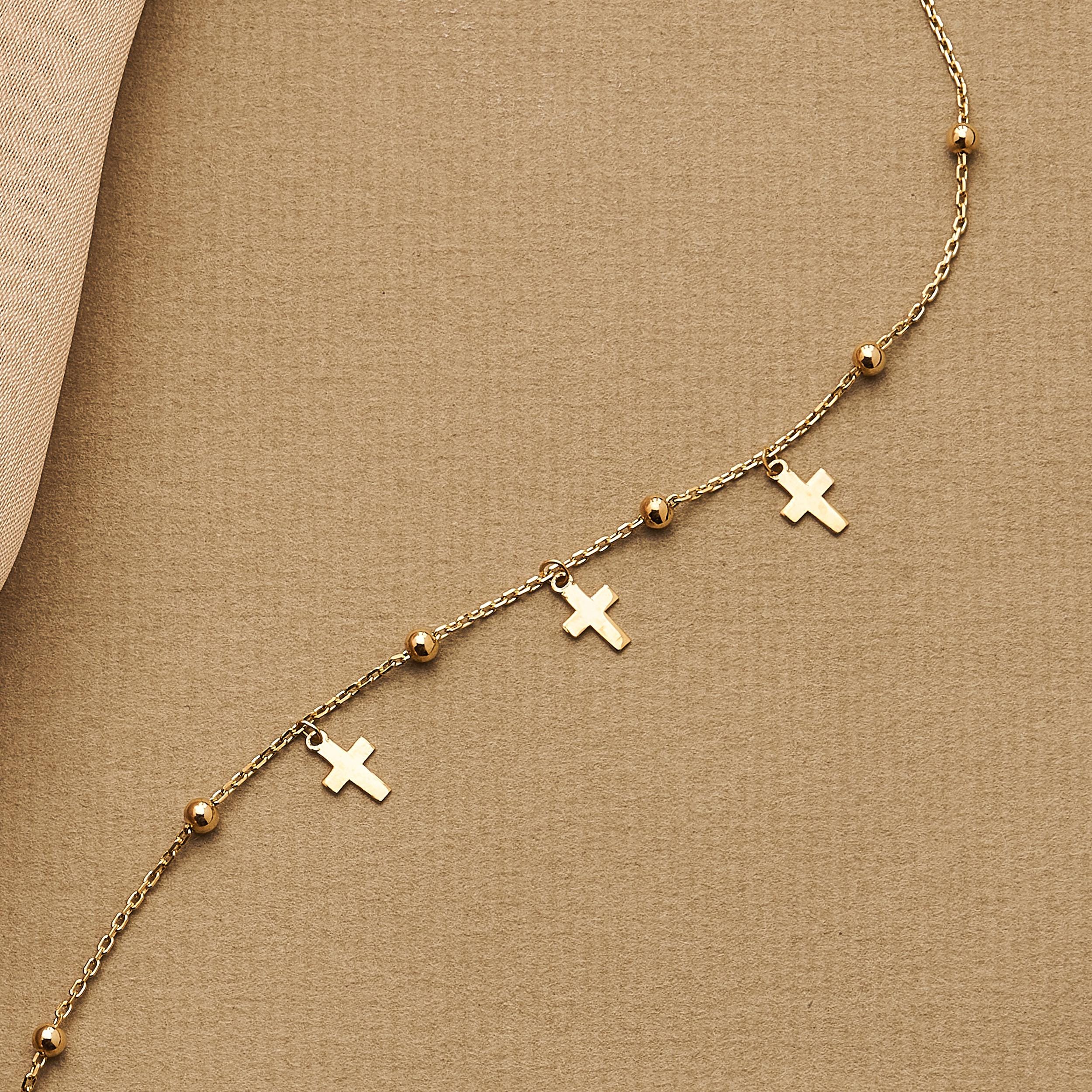 14K Solid Gold Tiny Station Cross Bracelet