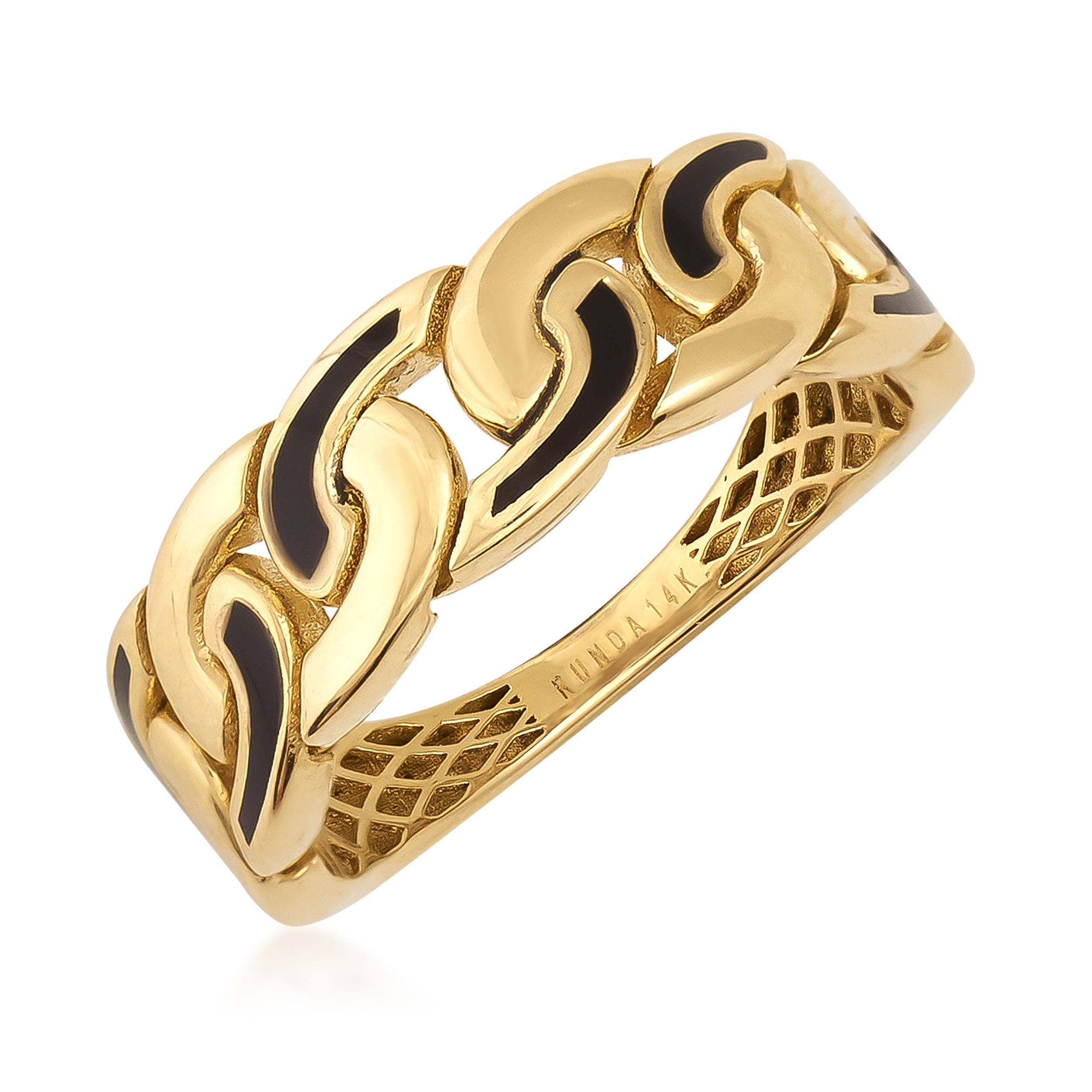 14K Solid Gold Black Enamel Curb Chain Shaped Ring for Men