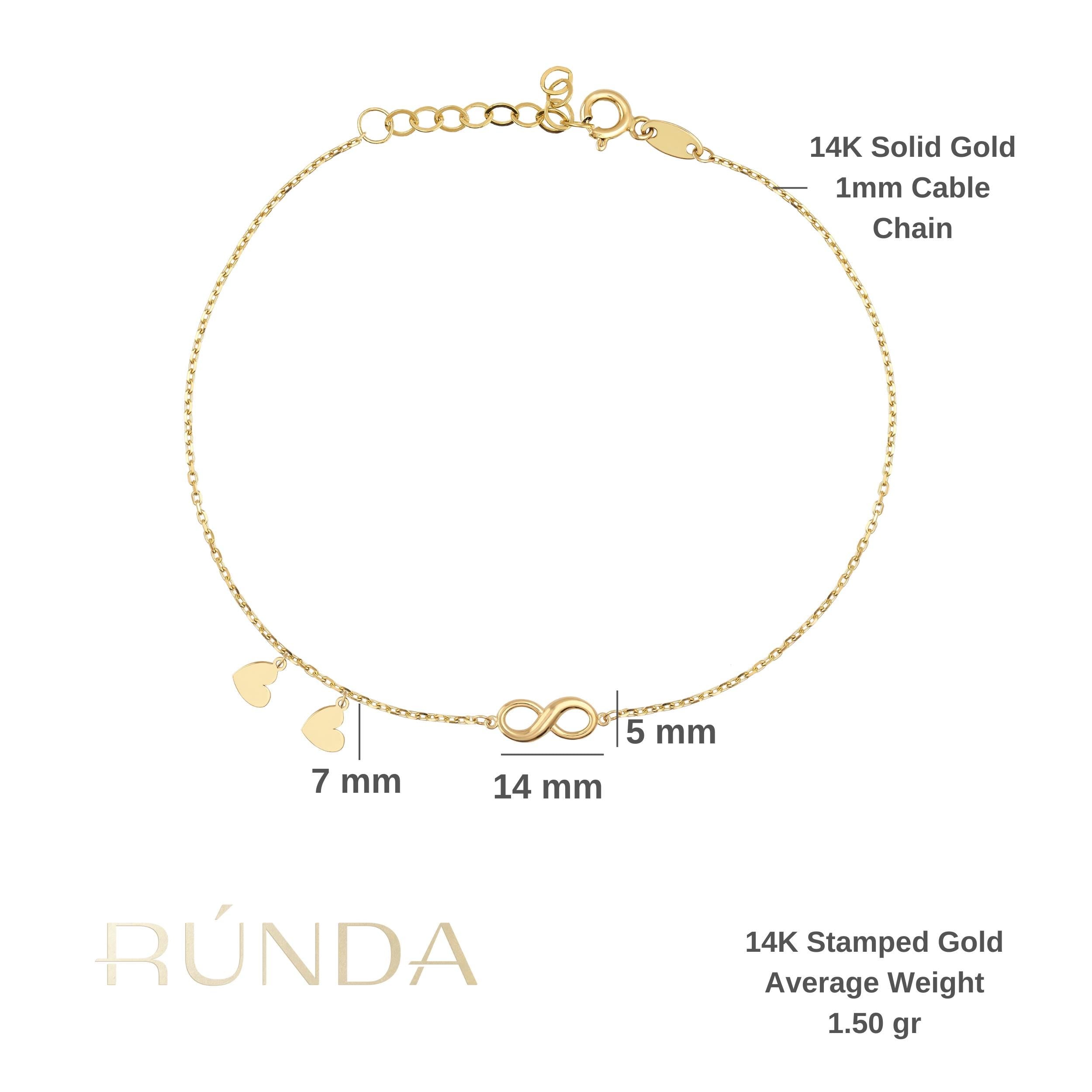 14K Solid Gold Minimal Tiny Heart and Infinity Bracelet