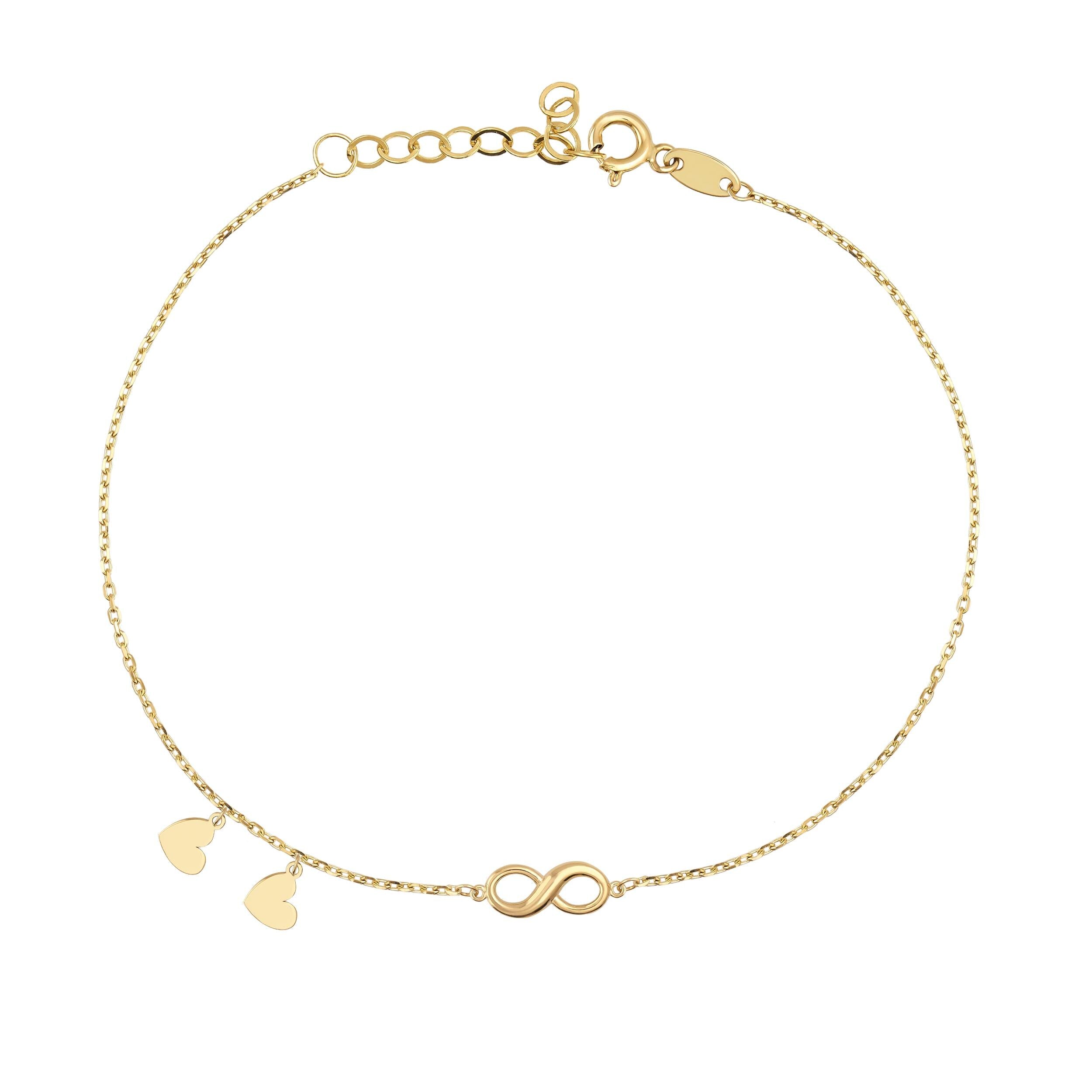 14K Solid Gold Minimal Tiny Heart and Infinity Bracelet