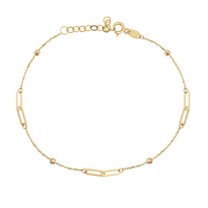 14K Solid Gold Dainty Station Bead and Paperclip Bracelet