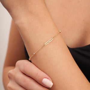 14K Solid Gold Dainty Station Bead and Paperclip Bracelet