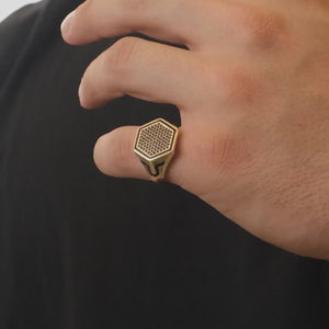 14K Real Solid Gold Hexagon Black Gemstone Signet Ring for Men