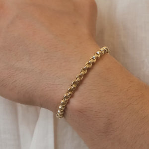 14K Solid Gold Round Oval Chain Bracelet for Men