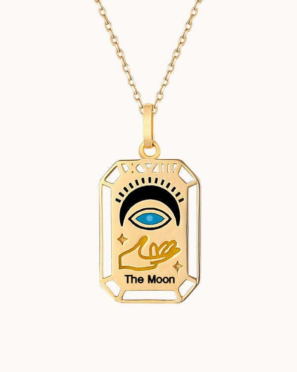 14K Solid Gold The Moon Cart Tarot Necklace