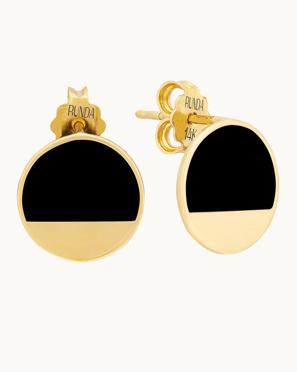 14K Gold First Quarter Earrings with Black Enamel 