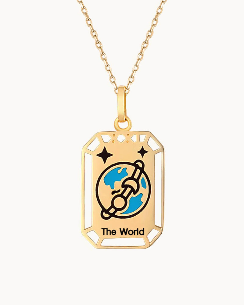 14K Solid Gold The World Cart Tarot Necklace