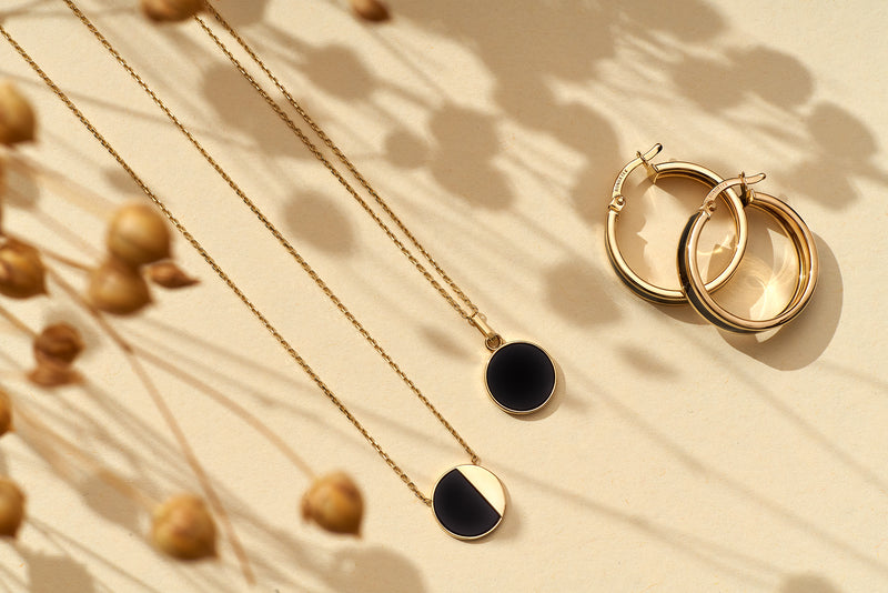 14K Gold Full Moon Necklace with Black Enamel 