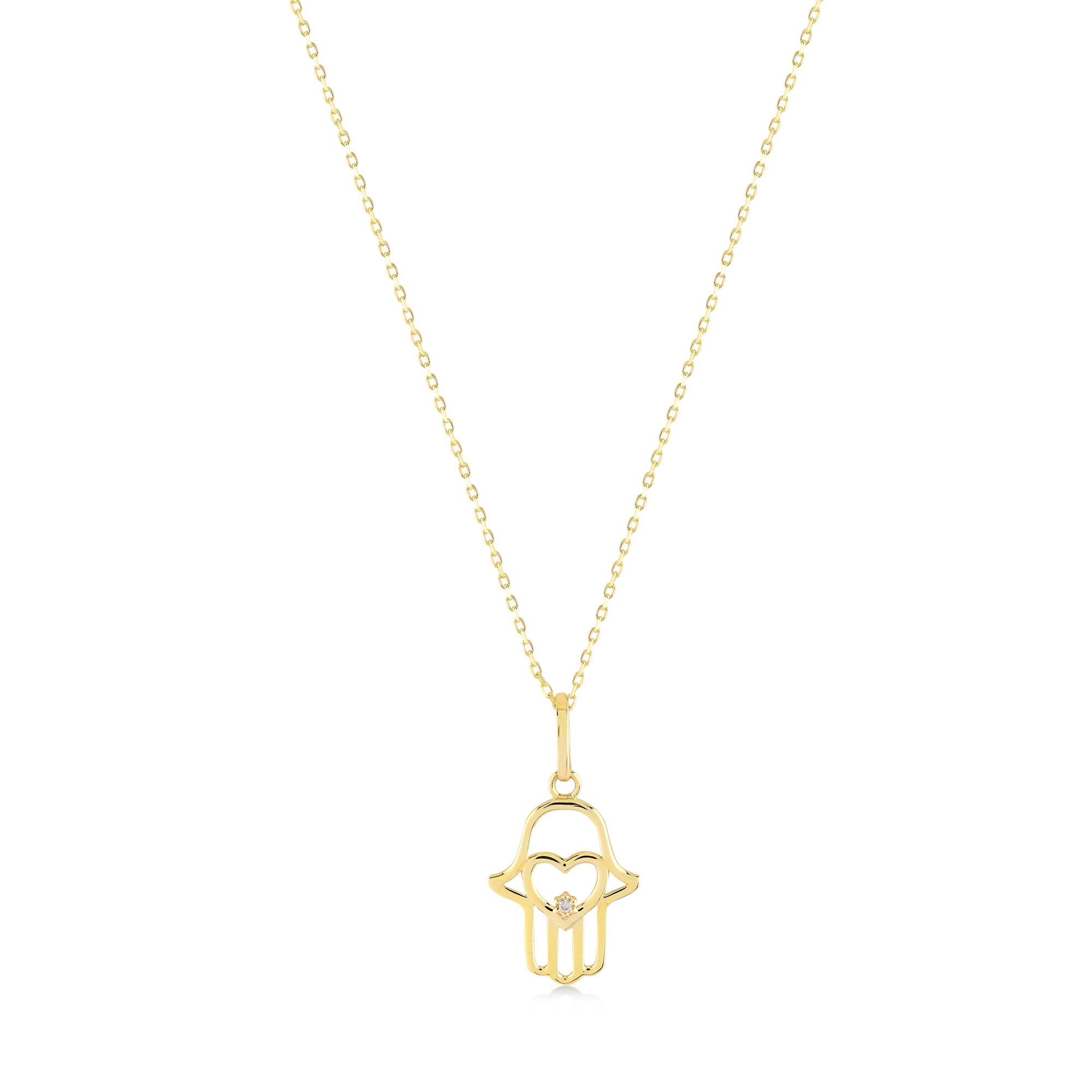 The 14K Gold Hamsa Pendant Necklace elegantly displays a Hamsa pendant with an open heart design at its center, highlighted by a sparkling lab-grown diamond. The delicate chain adds to the refined allure of this beautiful piece.