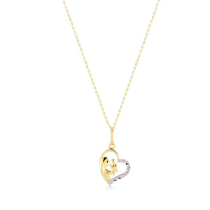 Discover the elegance of the 14K Gold Mother and Kids Necklace, showcasing a heart-shaped pendant that beautifully depicts a mother embracing her child, symbolizing love and connection. The delicate chain offers a lovely contrast to the detailed two-tone design of this exquisite piece.