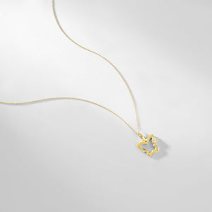 The 14K Gold Diamond Butterfly Necklace showcases a delicate design featuring a butterfly pendant with an open-wing style. A small, sparkling diamond adorns one wing, elegantly hanging from a fine gold chain.