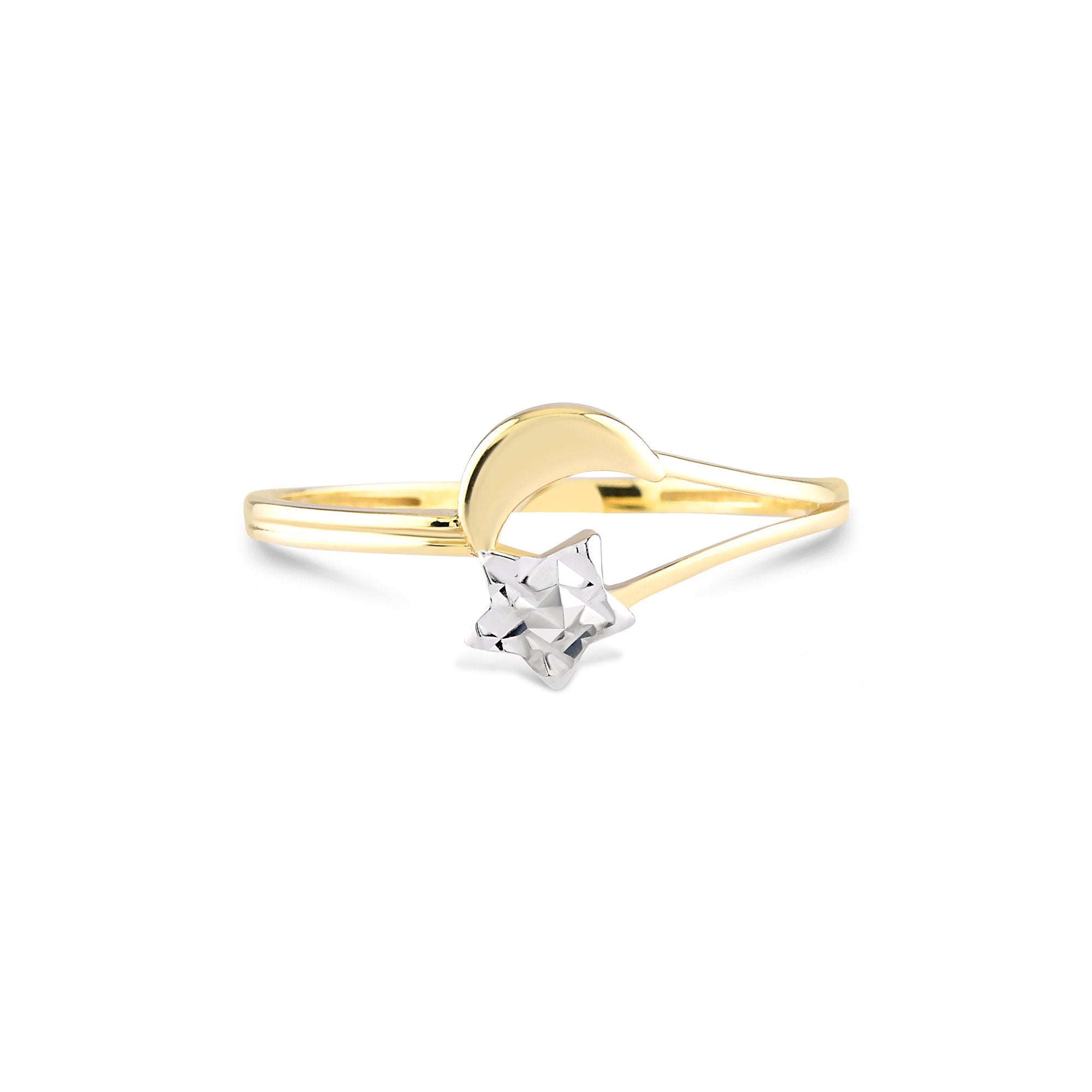 The 14K Gold Moon and Star Ring features a sleek, minimalist design with smooth curves, showcasing a crescent moon alongside a star-shaped gem. Set against a plain white background, it is hypoallergenic jewelry that combines elegance with comfort.