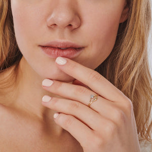 The 14K Gold Moon and Star Ring features a sleek, minimalist design with smooth curves, showcasing a crescent moon alongside a star-shaped gem. Set against a plain white background, it is hypoallergenic jewelry that combines elegance with comfort.