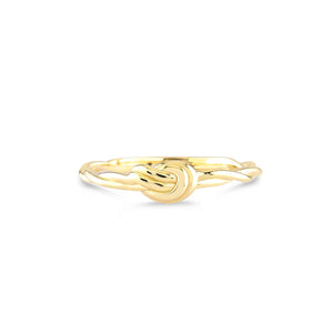 The 14k Solid Gold Knot Ring features a twisted band and is set against a white background, highlighting its simple and elegant design. Perfect as a minimalist stackable gold ring, it effortlessly captures timeless beauty.