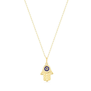 The 14K Gold Hamsa & Evil Eye Necklace features a mesmerizing blue and white evil eye design at its center, set within a stunning solid gold hamsa pendant.