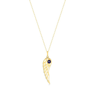 The 14K Gold Angel Wing Pendant Charm Necklace features a captivating angel wing pendant with an eye motif at its center, elegantly suspended from a delicate chain against a pristine white backdrop. This necklace is hypoallergenic and radiates elegance.