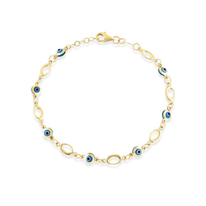 The 14K Gold Evil Eye Bracelet features a delicate design with alternating small blue evil eye charms and oval links. This elegant protection bracelet is secured with a lobster clasp.