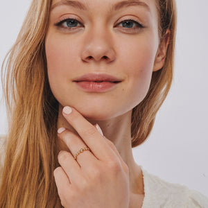 The 14k Gold Bubble Ring features a series of polished, spherical beads, resulting in a delicate and elegant design. This handcrafted piece boasts a smooth finish with a simple yet stylish look, beautifully highlighted against a plain white background to emphasize its genuine allure.