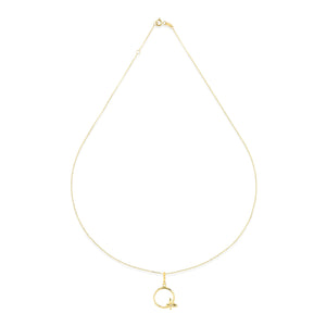 Introducing the 14K Gold Butterfly Necklace, a finely crafted piece showcasing a slender chain adorned with a circular pendant. The pendant features an elegant, small butterfly design attached at the bottom. Set against a plain white background, this exquisite and hypoallergenic jewelry piece exudes simplicity and elegance.