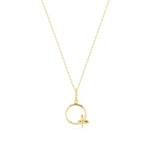 Introducing the 14K Gold Butterfly Necklace, a finely crafted piece showcasing a slender chain adorned with a circular pendant. The pendant features an elegant, small butterfly design attached at the bottom. Set against a plain white background, this exquisite and hypoallergenic jewelry piece exudes simplicity and elegance.