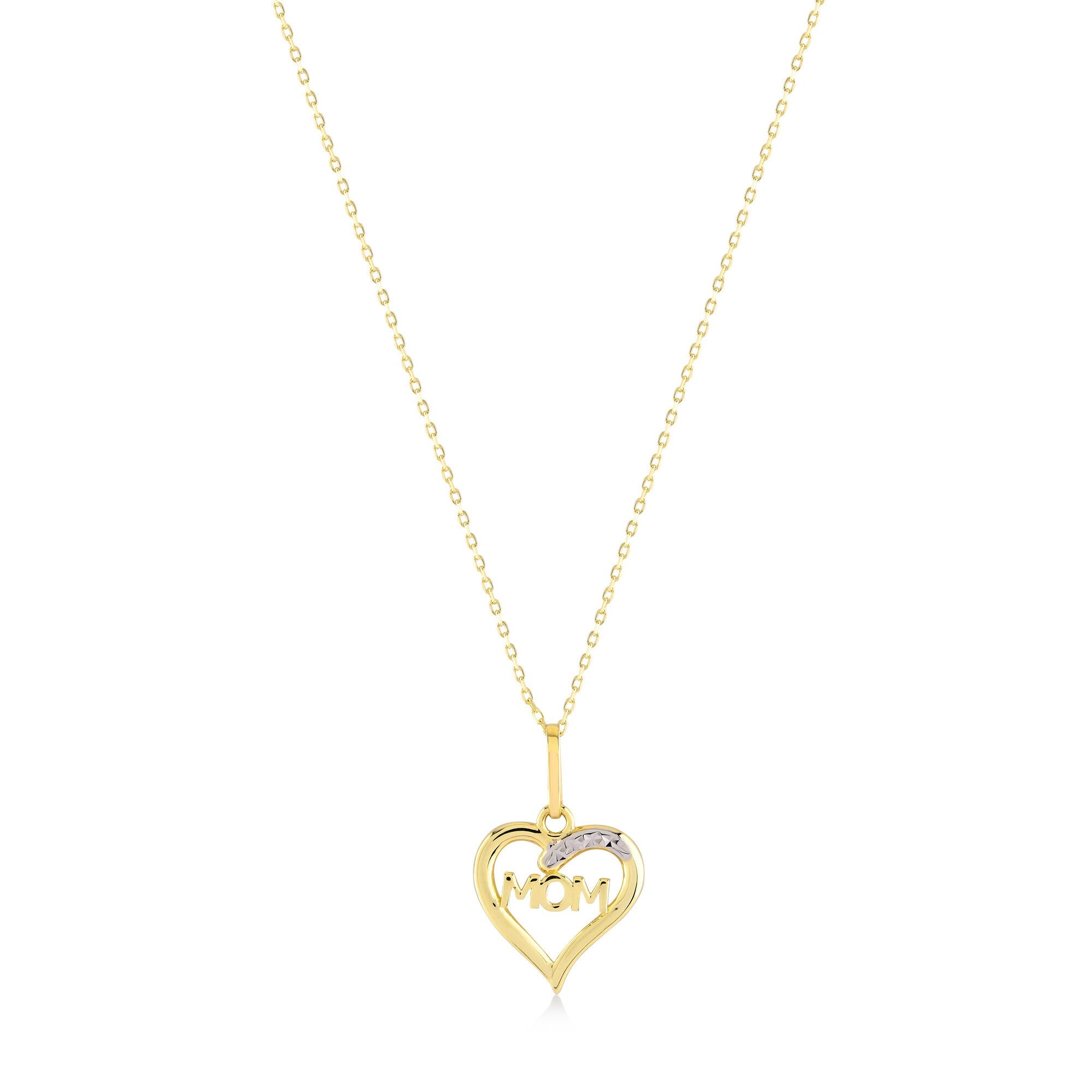 Discover the breathtaking 14K Gold Mother Necklace by RundaJewelryUs, featuring a pendant showcasing the word "MOM" elegantly encased in a heart shape. This exquisite piece is adorned with small silver stones on one side, and its delicate chain beautifully enhances the charm of the pendant.