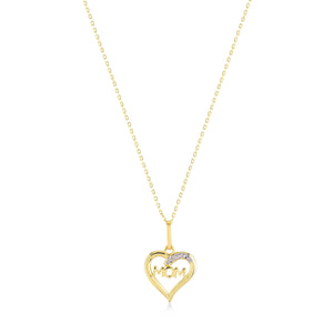 Discover the breathtaking 14K Gold Mother Necklace by RundaJewelryUs, featuring a pendant showcasing the word "MOM" elegantly encased in a heart shape. This exquisite piece is adorned with small silver stones on one side, and its delicate chain beautifully enhances the charm of the pendant.