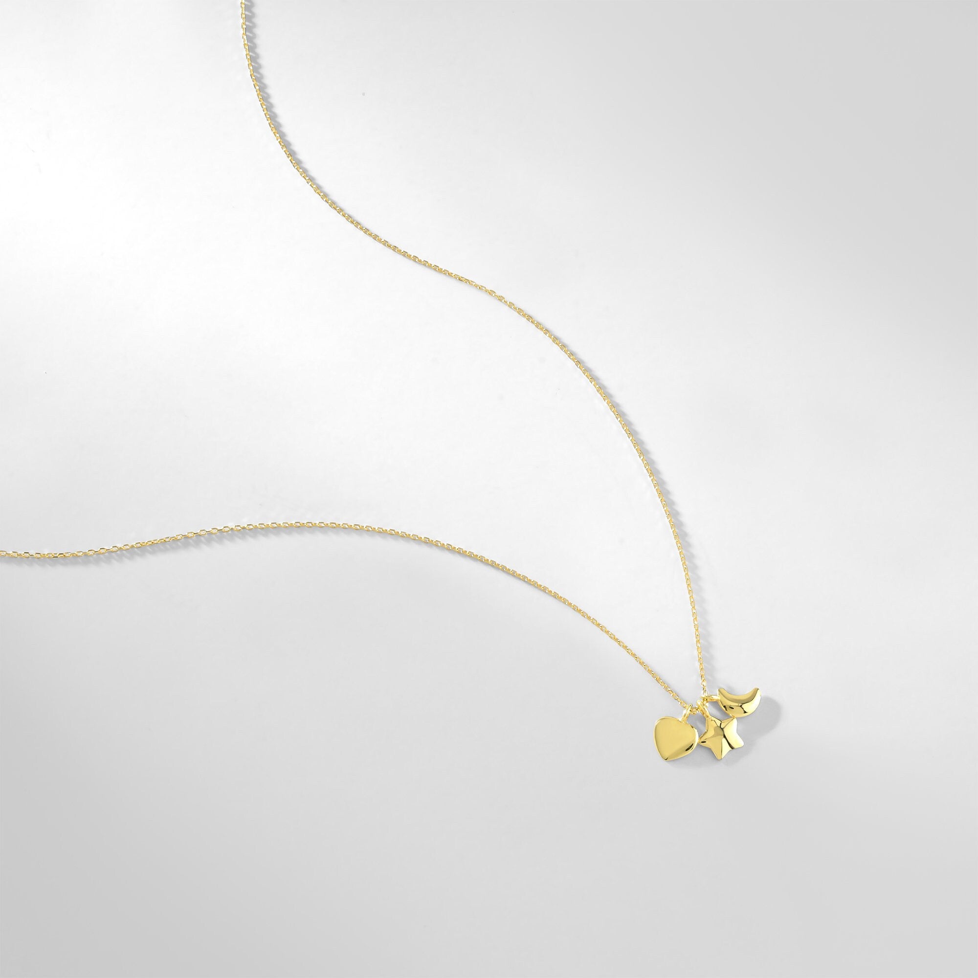 14K Gold Heart Star and Moon Necklace