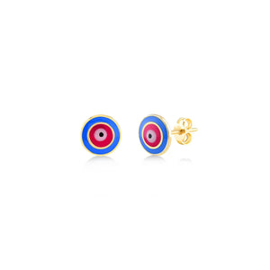 14K Gold Protection Evil Eye Stud Earrings by RundaJewelryUs feature round earrings with concentric rings in a blue, red, and pink color scheme, set in gold. These earrings are displayed on a white background, blending style with a sense of security.