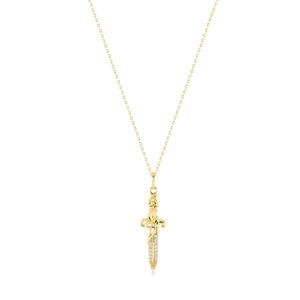 Introducing the 14K Solid Gold Sword Necklace, a stunning jewelry piece with a delicate chain and an elegant sword-shaped pendant. This hypoallergenic necklace features intricate designs adorned with subtle cubic zirconia embellishments. Its beauty is accentuated against a simple white background.