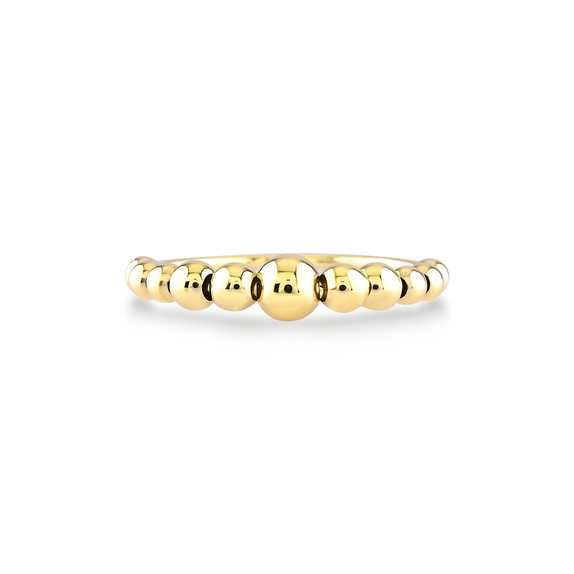 The 14k Gold Bubble Ring features a series of polished, spherical beads, resulting in a delicate and elegant design. This handcrafted piece boasts a smooth finish with a simple yet stylish look, beautifully highlighted against a plain white background to emphasize its genuine allure.