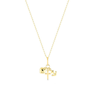 The Faith Hope Love Necklace is a 14K Gold Necklace adorned with a Cross Charm Pendant along with heart and anchor charms, representing faith, hope, and love. Each charm gracefully hangs from a delicate gold chain set against a pristine white background.