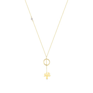 The 14k Solid Gold Tree of Life Y Necklace by RundaJewelryUs is a minimalist and elegant piece, featuring a delicate thin chain with a small circle pendant. A tree of life charm hangs below, and the addition of a tiny embedded gemstone on one side adds subtle sophistication to the design.