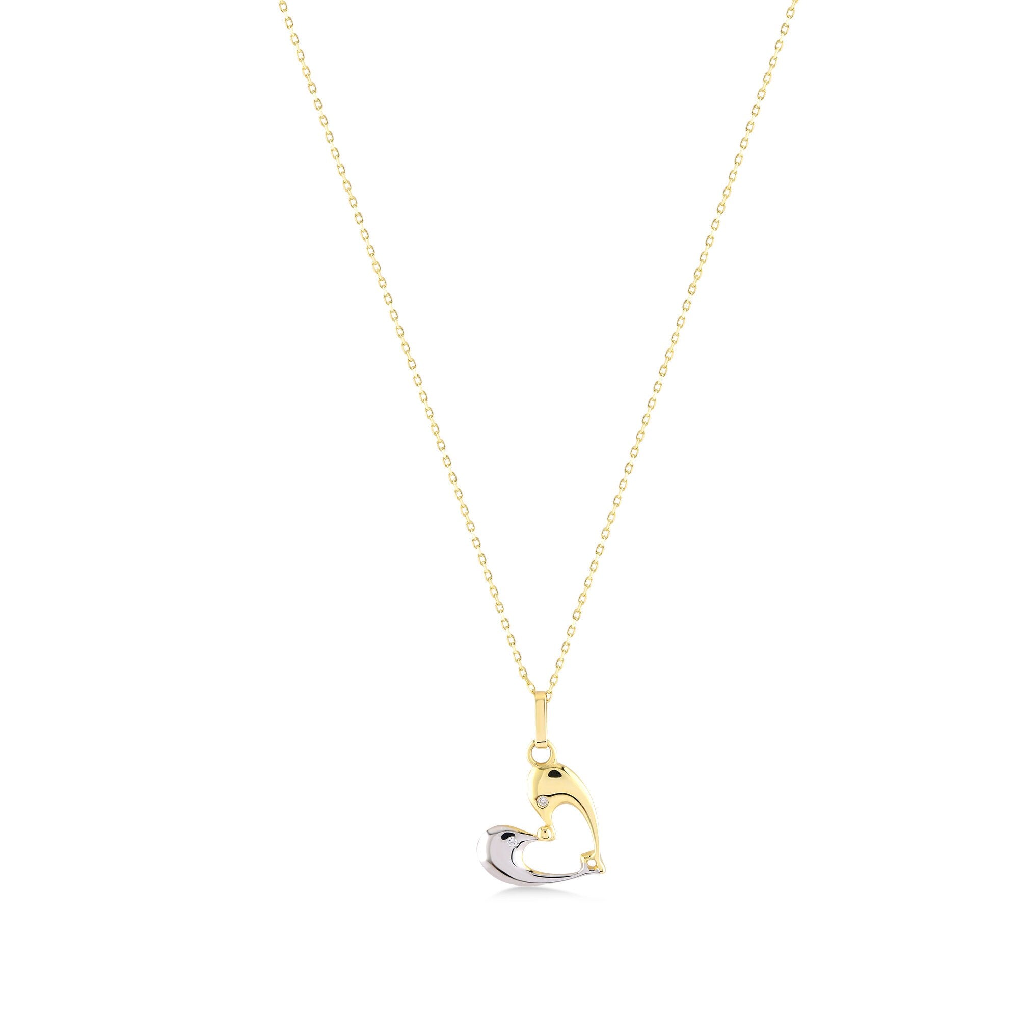 A delicate 14K solid gold necklace featuring a pendant shaped like a graceful dolphin, crafted in striking yellow-white gold and silver. The design is elegant and minimalistic, set against a white background.