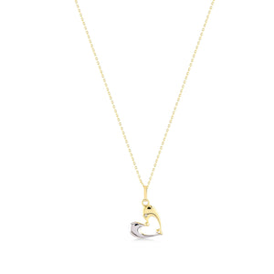 A delicate 14K solid gold necklace featuring a pendant shaped like a graceful dolphin, crafted in striking yellow-white gold and silver. The design is elegant and minimalistic, set against a white background.