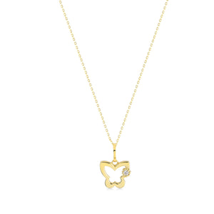 The 14K Gold Diamond Butterfly Necklace showcases a delicate design featuring a butterfly pendant with an open-wing style. A small, sparkling diamond adorns one wing, elegantly hanging from a fine gold chain.