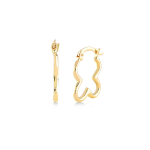 Displayed are two exquisite gold earrings: a pair of 14K Gold Clover Hoop Earrings and a uniquely designed earring shaped like a gingerbread man, complete with arms and legs and a top clasp for wearing. Both pieces boast a shiny, polished finish and make for an exceptional unique jewelry gift.