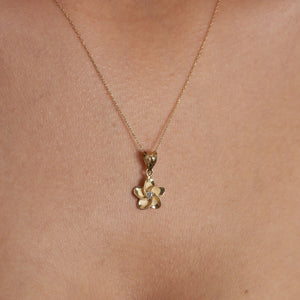 Experience the exquisite charm of the 14K Gold Plumeria Necklace by RundaJewelryUs. This captivating piece showcases a real solid gold flower-shaped pendant with five petals, accented by a delicate diamond at its center, all gracefully suspended from a refined gold chain. Ideal as a Summer Jewelry Gift for Her, this necklace effortlessly blends elegance with timeless allure.