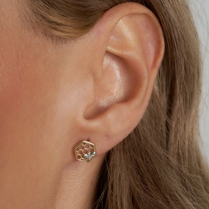 Introducing the 14K Gold Honeycomb Bee Hexagon Stud Earrings by RundaJewelryUs, featuring geometric honeycomb patterns with silver butterfly accents. One earring displays the bee stud front view, while the other offers a side perspective, highlighting both the stud and clasp.