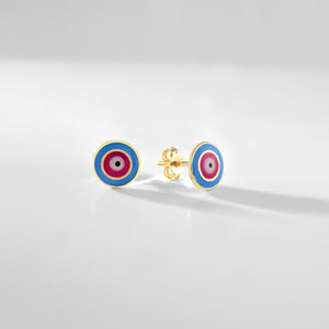 14K Gold Protection Evil Eye Stud Earrings by RundaJewelryUs feature round earrings with concentric rings in a blue, red, and pink color scheme, set in gold. These earrings are displayed on a white background, blending style with a sense of security.