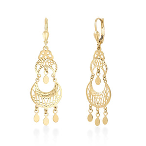 The 14K Real Gold Dream Catcher Earrings are showcased on a white background, boasting elaborate cutout designs with crescent shapes and dangling round elements. These lightweight, hypoallergenic earrings are ideal for sensitive skin.