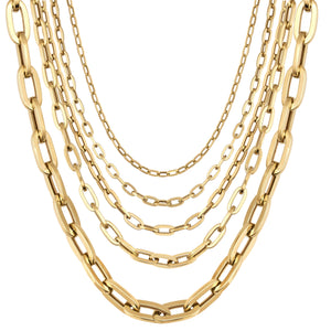 A collection of gold chains, highlighted by the exquisite 14K Gold Paperclip Chain Necklace, is arranged in a semi-circle. Each piece showcases distinct link sizes and styles characteristic of Italian design jewelry. They are layered from smallest to largest, creating a cascading effect against the white background.