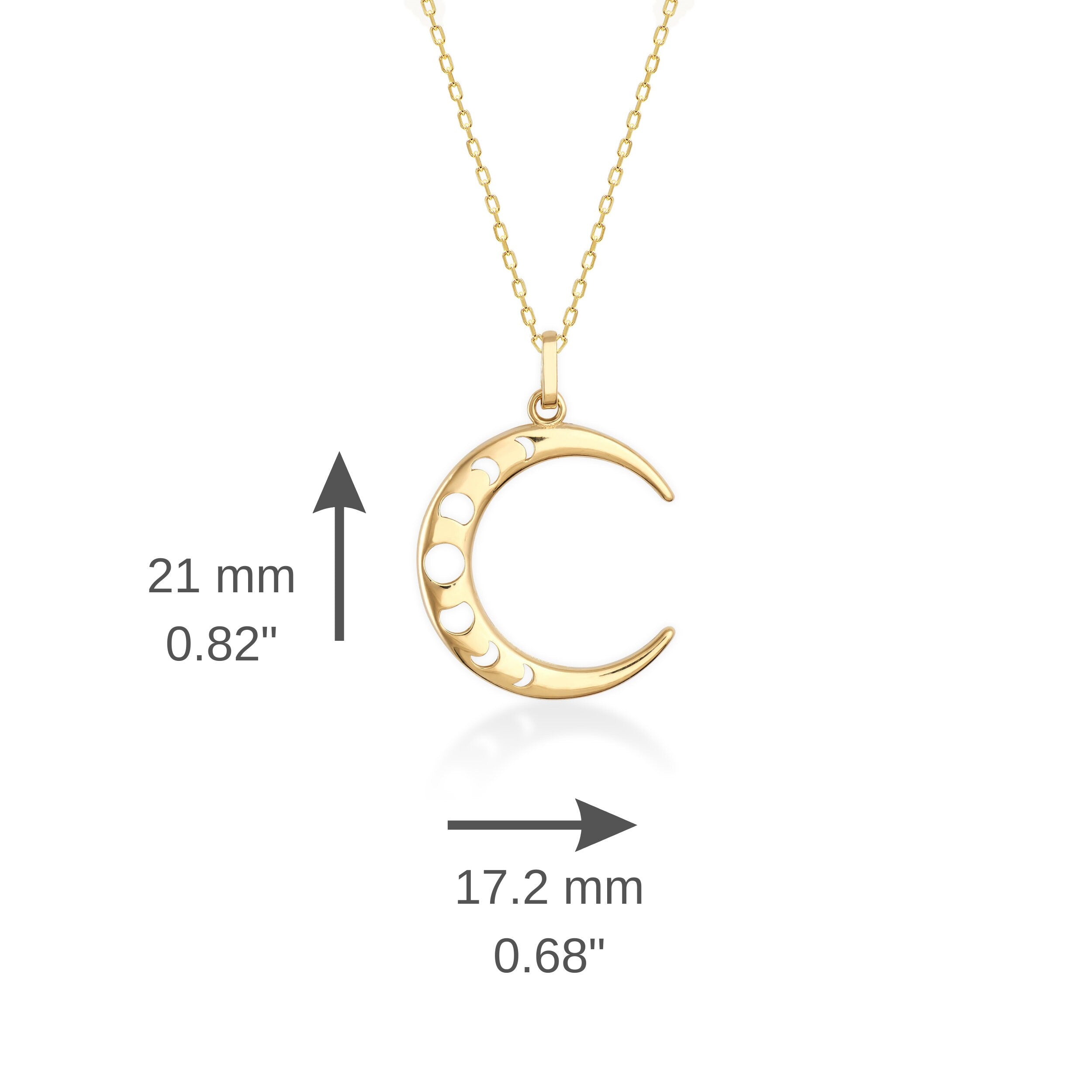 Collar de fases de luna creciente de oro auténtico de 14 quilates