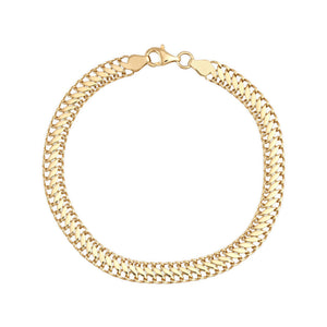 A 14K gold handmade bracelet from RundaJewelryUs, featuring a snake design and a lobster clasp, is elegantly laid flat on a white background.