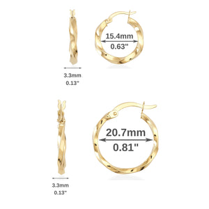 The 14K Gold Twist Hoop Earrings by RundaJewelryUs feature a shiny gold finish with a twisted design. Displayed in two angles, one view shows the earrings facing forward while the other highlights the side and latch closure.