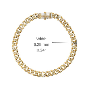 The 14K Gold CZ Gemstone Miami Cuban Chain Bracelet is designed with a rectangular clasp embellished with shimmering gemstones. This unisex jewelry piece is beautifully displayed in a circular arrangement on a simple white background, making it a classic accessory for any occasion.