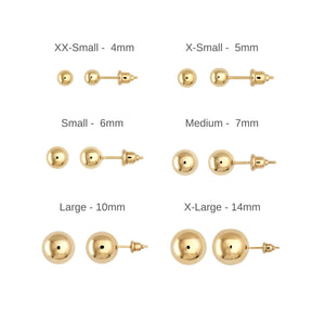 The 14K REAL Gold Ball Stud Earrings from RundaJewelryUs are showcased against a white backdrop. One earring is displayed flat, while the other reveals the ball and post with its butterfly back attached, emphasizing their hypoallergenic construction.