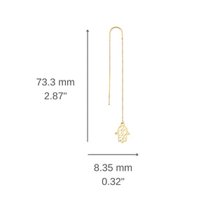 Eco-friendly handcrafted 14K Yellow Gold Long Threader Earrings adorned with delicate Hamsa hand charms are showcased against a plain white background.