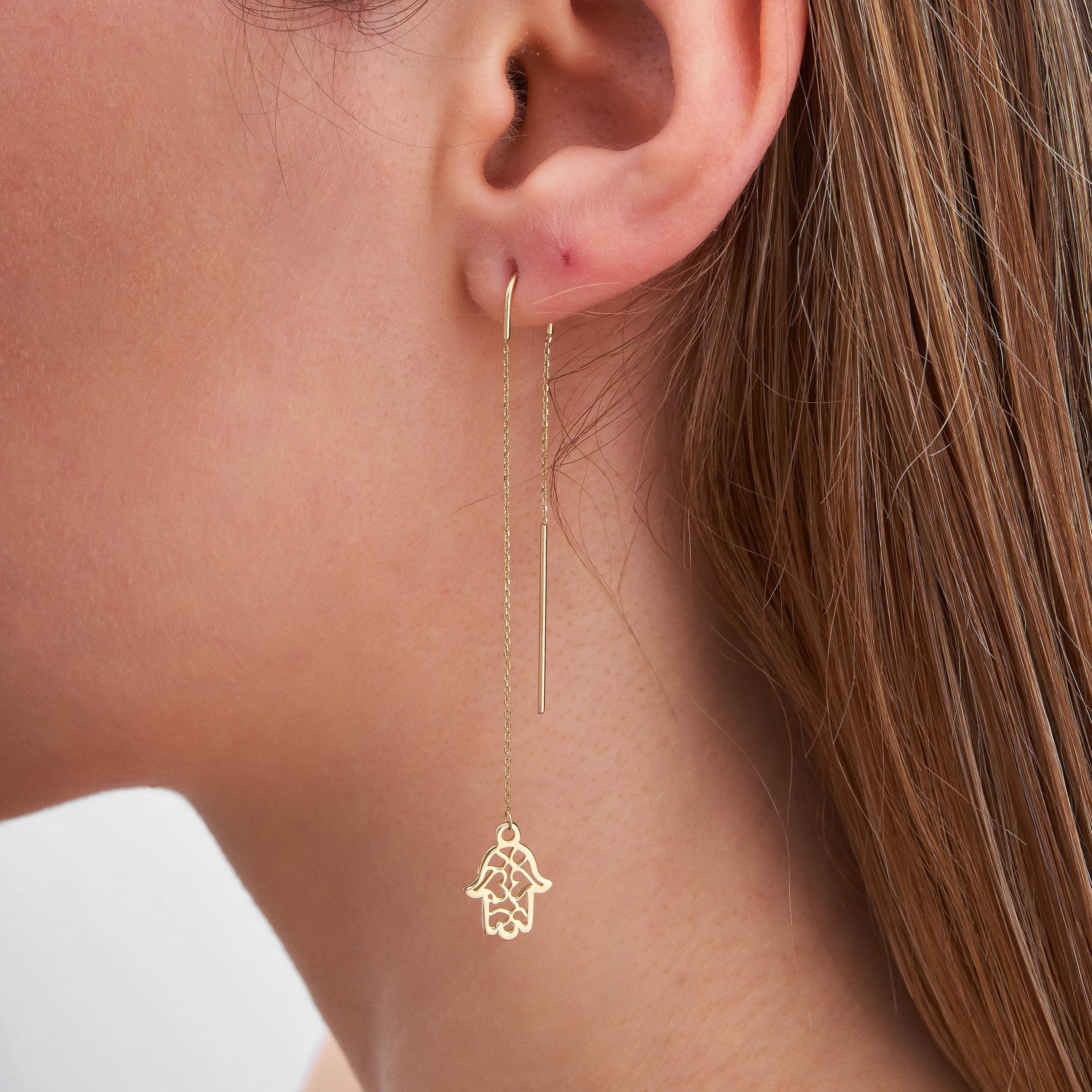 14K Yellow Gold Long Threader Earrings with Hamsa Hand