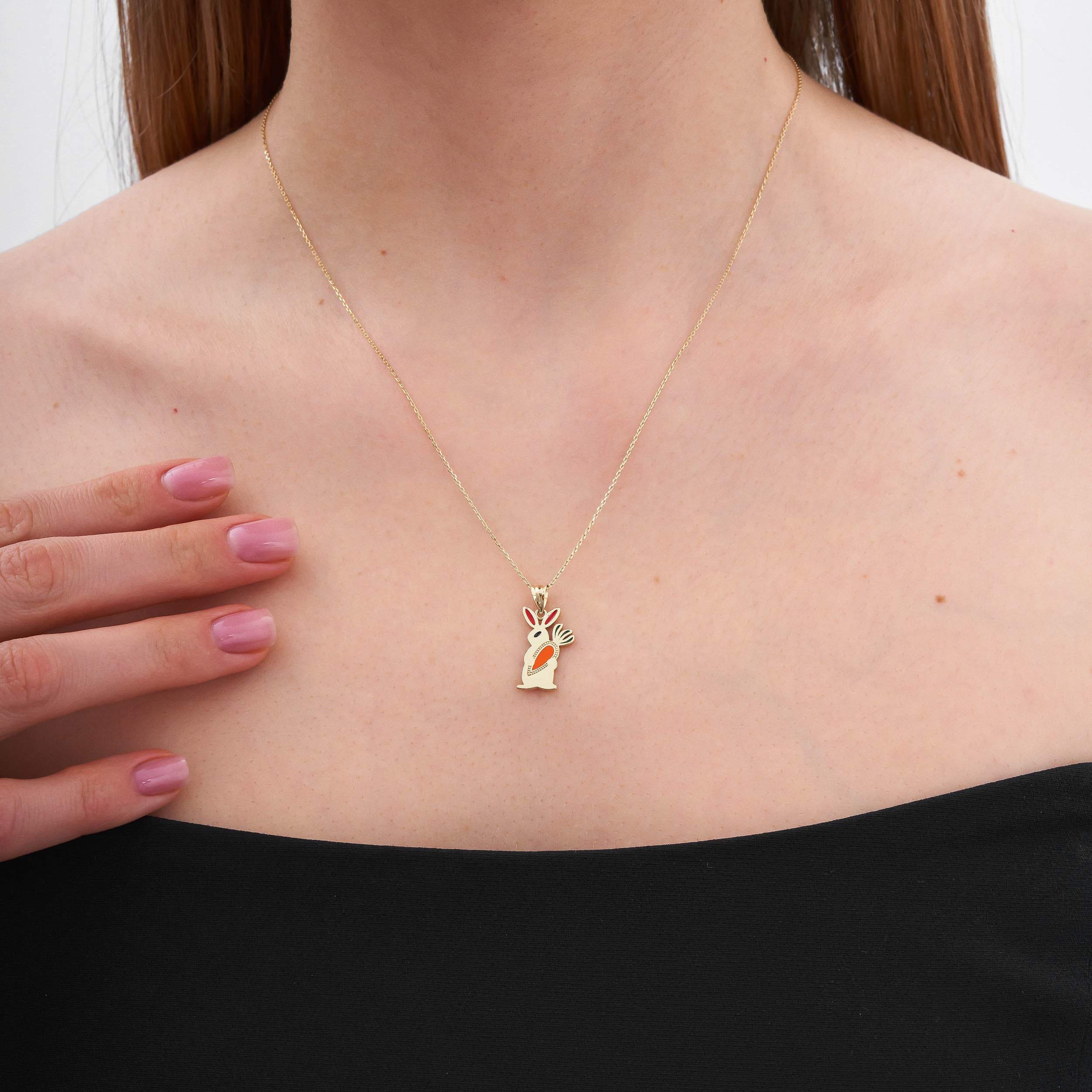 14K Gold Cute Rabbit Holding Carrot Necklace