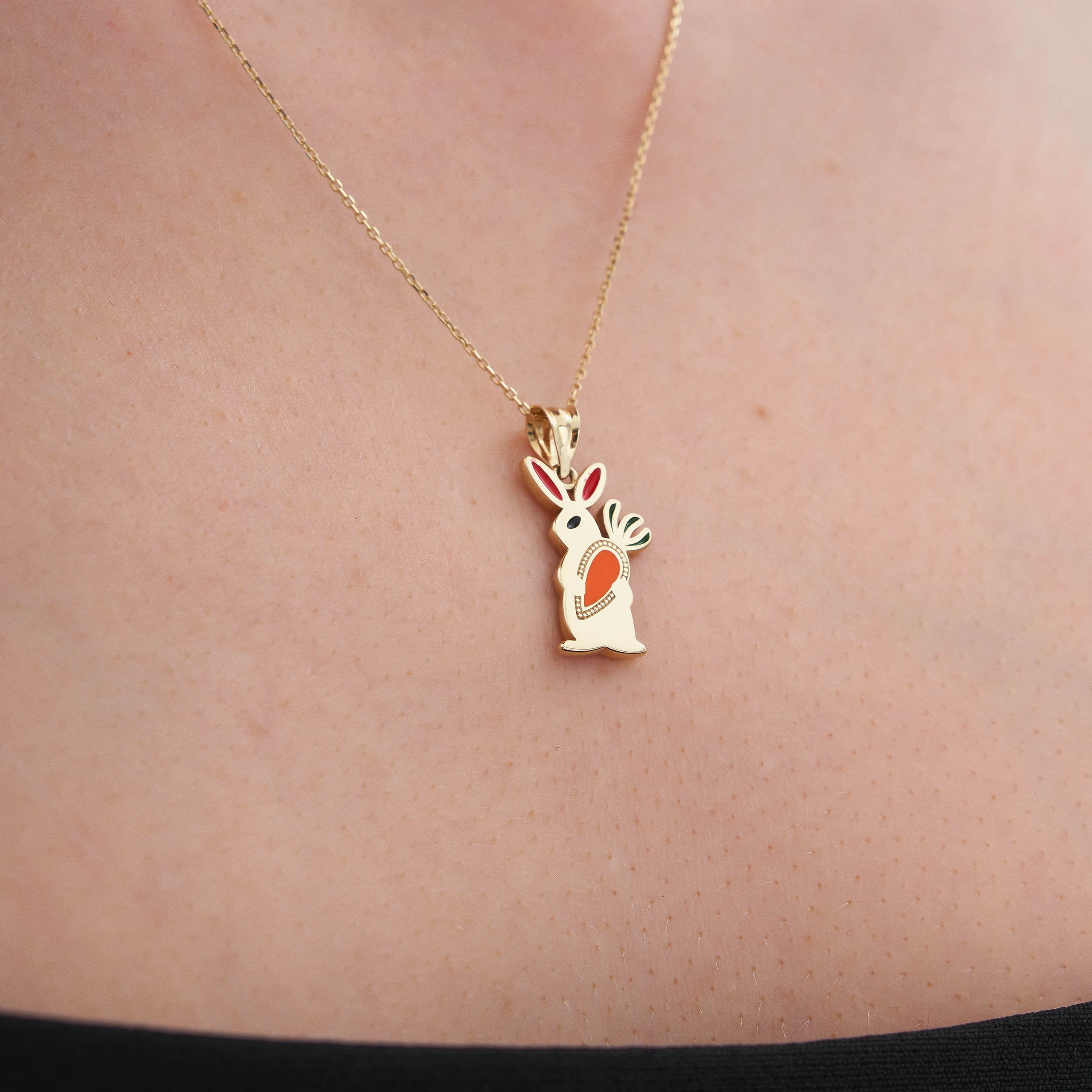 14K Gold Cute Rabbit Holding Carrot Necklace